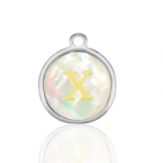 Stainless Steel - Rostfrei Stahl Anhänger 12mm shell initial X White (Naturliche Farbe Muschel)-silver