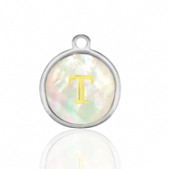 Stainless Steel - Rostfrei Stahl Anhänger 12mm shell initial T White (Naturliche Farbe Muschel)-silver