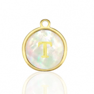 Stainless Steel - Rostfrei Stahl Anhänger 12mm shell initial T White (Naturliche Farbe Muschel)-gold