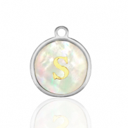 Stainless Steel - Rostfrei Stahl Anhänger 12mm shell initial S White (Naturliche Farbe Muschel)-silver