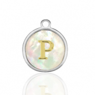 Stainless Steel - Rostfrei Stahl Anhänger 12mm shell initial P White (Naturliche Farbe Muschel)-silver