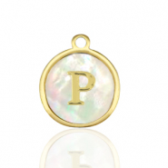 Stainless Steel - Rostfrei Stahl Anhänger 12mm shell initial P White (Naturliche Farbe Muschel)-gold
