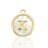 Stainless Steel - Rostfrei Stahl Anhänger 12mm shell initial K White (Naturliche Farbe Muschel)-gold