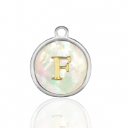 Stainless Steel - Rostfrei Stahl Anhänger 12mm shell initial F White (Naturliche Farbe Muschel)-silver