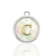 Stainless Steel - Rostfrei Stahl Anhänger 12mm shell initial C White (Naturliche Farbe Muschel)-silver
