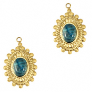 Stainless Steel - Rostfrei Stahl Anh&auml;nger Oval mit Naturstein Gold-marble blue