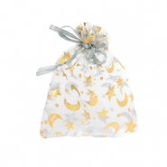 Schmuckbeutel Organza 7x9cm Mond und Stern Light grey-gold