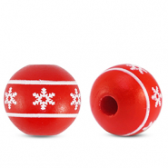 Holzperlen rund 16mm Schneeflocke Red-white