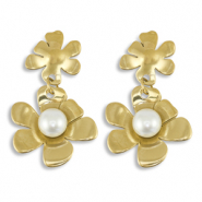 Ohrringe / Ohrstecker aus Stainless Steel - Rostfreiem Stahl Blume mit Imitation perlen Gold