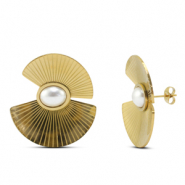 Ohrringe / Ohrstecker aus Stainless Steel - Rostfreiem Stahl Lüfter mit Imitation perlen Gold