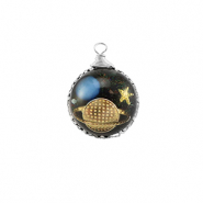 Resin Anhänger Rund Galaxie Silver-blue-gold-glitter