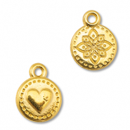 Metall Anhänger DQ Rund mit Herz/Blume Gold (Nickelfrei)