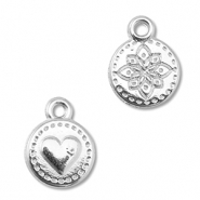 Metall Anh&auml;nger DQ Rund mit Herz/Blume Antik silber (Nickelfrei)