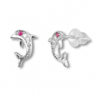 Brass TQ Metall Ohrringe / Ohrstecker Delfin Silver-dark pink