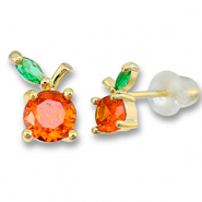 Brass TQ Metall Ohrringe / Ohrstecker Apfel Gold-warm orange-green