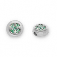 Metall Perlen DQ Rund mit Gl&uuml;cksklee Antik silber-glitter turquoise (Nickelfrei)
