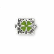 Metall Anh&auml;nger DQ Zwischenst&uuml;ck Viereck mit Gl&uuml;cksklee Antik silber-green (Nickelfrei)