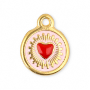 Stainless Steel - Rostfrei Stahl Anhänger Rund mit Herz Gold-red-light pink