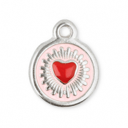 Stainless Steel - Rostfrei Stahl Anhänger Rund mit Herz Silver-red-light pink