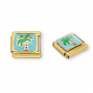 Italian Charm Element aus Stainless Steel - Rostfreiem Stahl Palme Gold-light blue-green