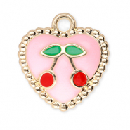 Metall Anh&auml;nger Herz mit Kirschen Gold-light pink-red-green