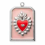 Stainless Steel - Rostfrei Stahl Anh&auml;nger Rechteck mit Herz Silver-vintage pink-red