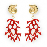 Trendy Ohrringe&nbsp;/&nbsp;Ohrstecker Enamel Muschel & Koralle mit Rostfrei Stahl-Stecker Gold-dark red