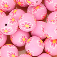 Silikonperlen 18&nbsp;mm Rund mit handbemalten Blumen Orchid purple-neon pink-yellow