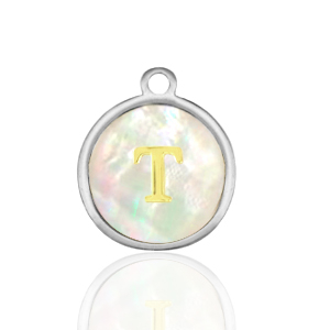 Stainless Steel - Rostfrei Stahl Anh&auml;nger 12mm shell initial T White (Naturliche Farbe Muschel)-silver