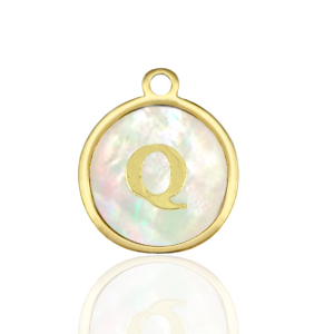 Stainless Steel - Rostfrei Stahl Anh&auml;nger 12mm shell initial Q White (Naturliche Farbe Muschel)-gold