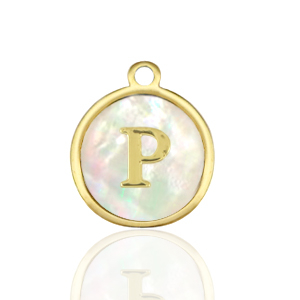 Stainless Steel - Rostfrei Stahl Anh&auml;nger 12mm shell initial P White (Naturliche Farbe Muschel)-gold
