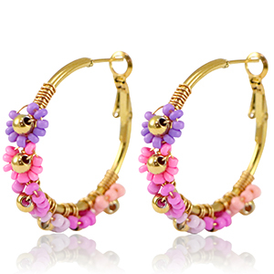 Ohrringe aus Stainless Steel - Rostfreiem Stahl Creolen Blume 35mm Gold-pink purple