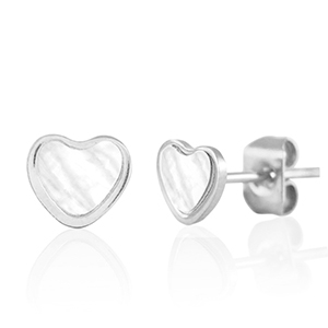 Ohrringe / Ohrstecker aus Stainless Steel - Rostfreiem Stahl Herz Silver-pearl white