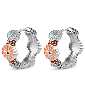Brass TQ Metall Creolen mit Enamel Flower Silver-orange blue