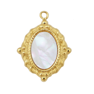 Stainless Steel - Rostfrei Stahl Anh&auml;nger Muschel Salzwasserperlmutt Oval Gold-white (Naturliche Farbe Muschel)