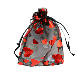 Schmuckbeutel Organza 9x12cm Herz Black-red