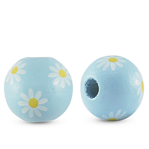 Holzperlen rund 16mm Blume Light blue