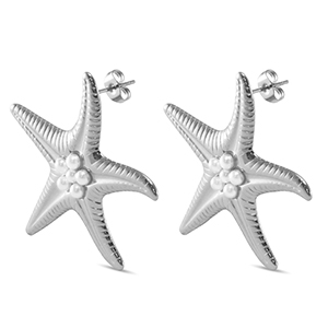 Ohrringe / Ohrstecker aus Stainless Steel - Rostfreiem Stahl Seestern Imitationsperlen Silver