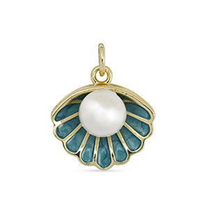 Brass TQ Metall Anh&auml;nger Muschel mit Perle Gold-turquoise blue-white