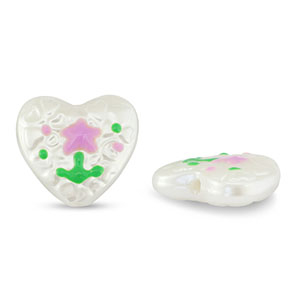 Acrylperlen Herz mit Blume Pearl-lilac pink-green