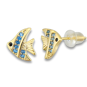Brass TQ Metall Ohrringe / Ohrstecker Fisch Gold-light blue