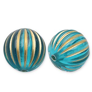 12 mm Acrylperlen Rund mit Linien Teal blue-gold