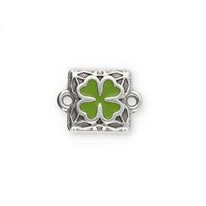 Metall Anh&auml;nger DQ Zwischenst&uuml;ck Viereck mit Gl&uuml;cksklee Antik silber-green (Nickelfrei)