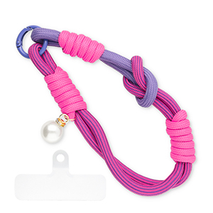 Trendy Segeltau-Handykette mit Perle inkl. Befestigungs-Patch Dark pink-purple-ivory white