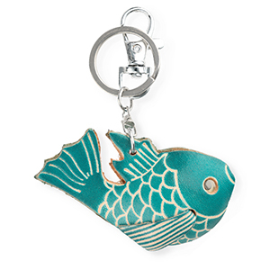 Schl&uuml;sselanh&auml;nger aus Leder Fisch Dark cyan blue-sand beige