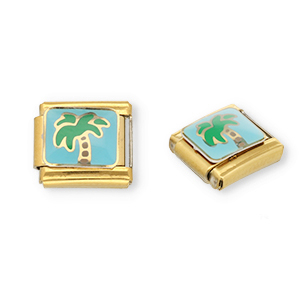 Italian Charm Element aus Stainless Steel - Rostfreiem Stahl Palme Gold-light blue-green