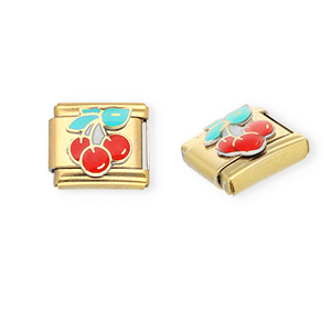 Italian Charm Element aus Stainless Steel - Rostfreiem Stahl Kirschen Gold-red-green