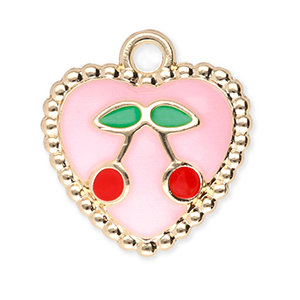 Metall Anh&auml;nger Herz mit Kirschen Gold-light pink-red-green