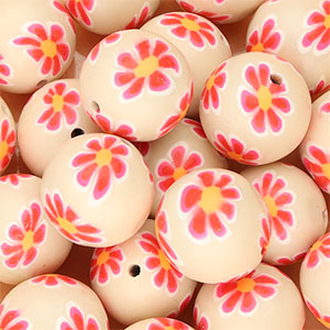 Silikonperlen 18&nbsp;mm Rund mit handbemalten Blumen Nude beige-neon pink-orange